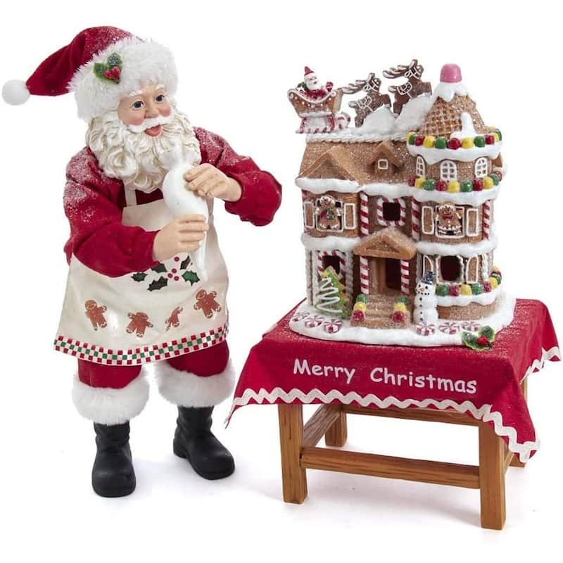 Kurt Adler 10.5-Inch Battery-Operated Fabriche Santa Decorating LED Gingerbread House Table Piece