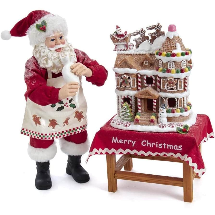 Kurt Adler 10.5-Inch Battery-Operated Fabriche Santa Decorating LED Gingerbread House Table Piece