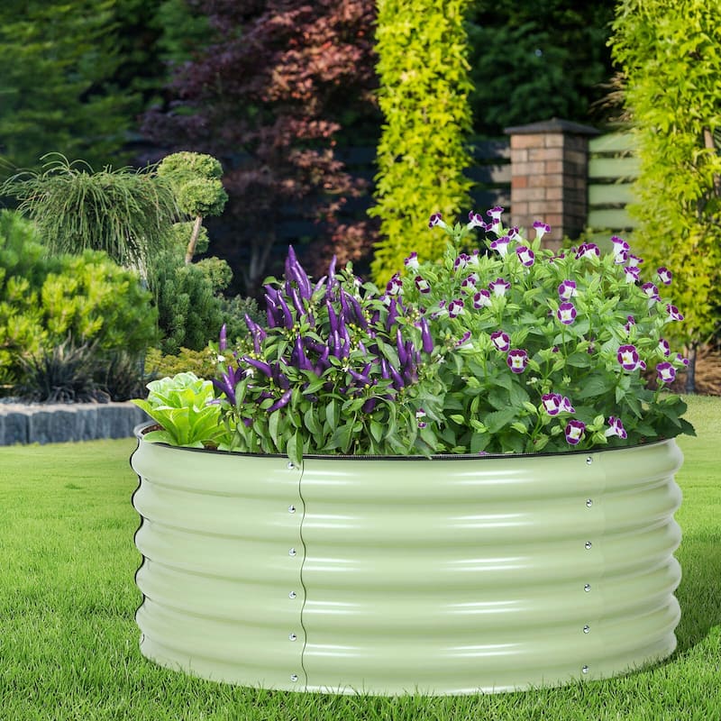 Aoodor 17'' Tall Aluzinc Metal Raised Garden Bed 42'' Round - Outdoor Open-Ended Base Garden Planter Box - N/A - Green