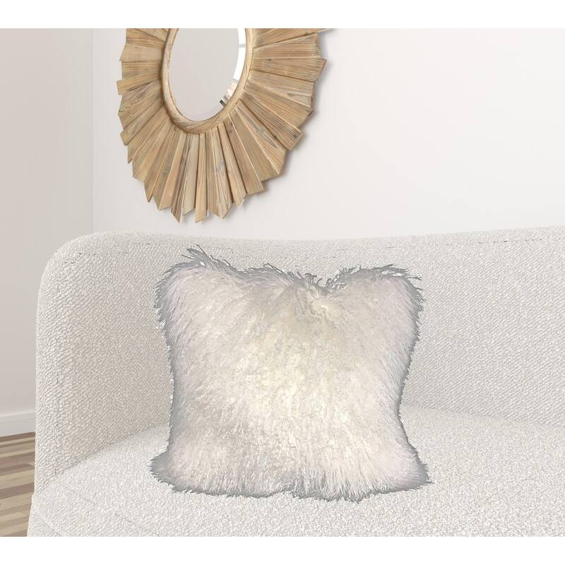 24" Bright White Genuine Tibetan Lamb Fur Pillow With Microsuede Backing - White