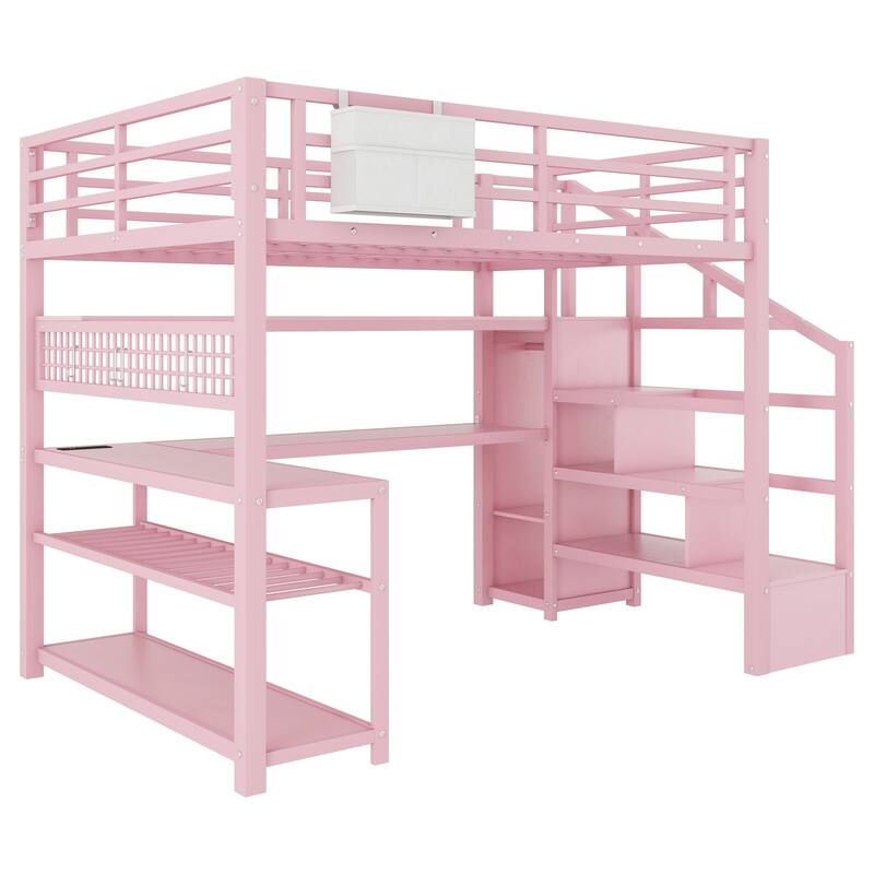 Full Size Metal Loft Bed with Staircase and Wardrobe, Loft Bed Frame with Desk, Storage Shelves, LED Lights and Charge Station