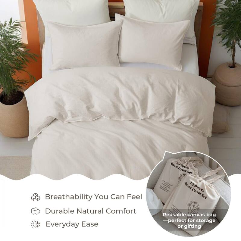 Flax Linen Cotton Blend Duvet Cover Set, Durable, Breathable and Moisture-Wicking, 3 Piece Bedding Set