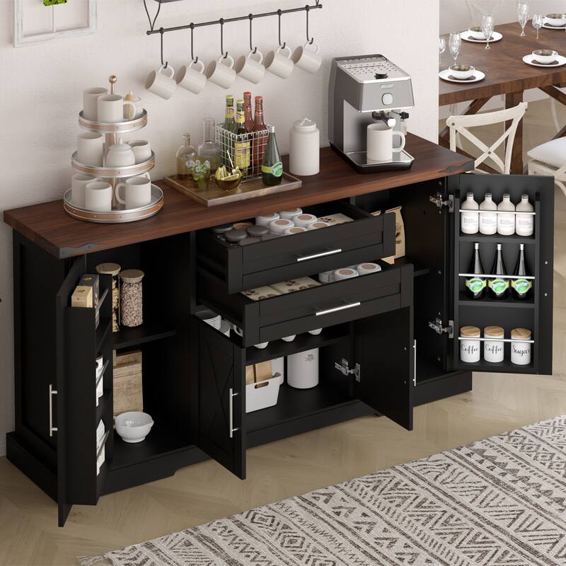 63"Barn Door Storage Cabinet with 2 Drawers & Door Rack, Large Buffet Table Coffee Bar Cabinets with Adjustable Shelves