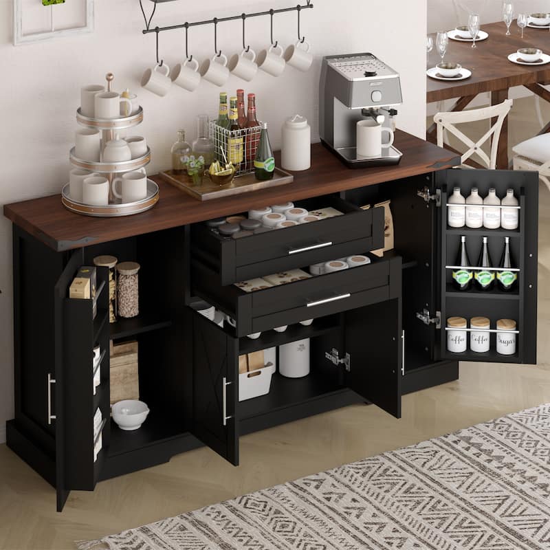 Coffee Bar Cabinet with Barn Doors & Drawers, Sideboard with Adjustable Shelves & Door Rack, Large Kitchen Storage Cabinet