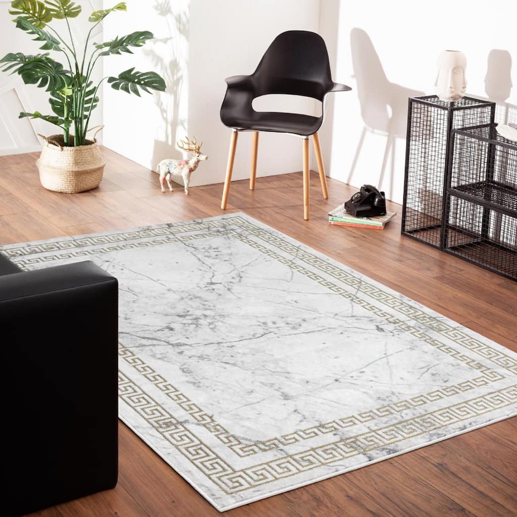 Brooklyn Collection Abstract Grey/Gold Border Area Rug