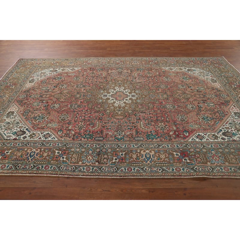 Pink Geometric Tabriz Vintage Persian Area Rug Handmade Wool Carpet - 6'5" x 9'9"