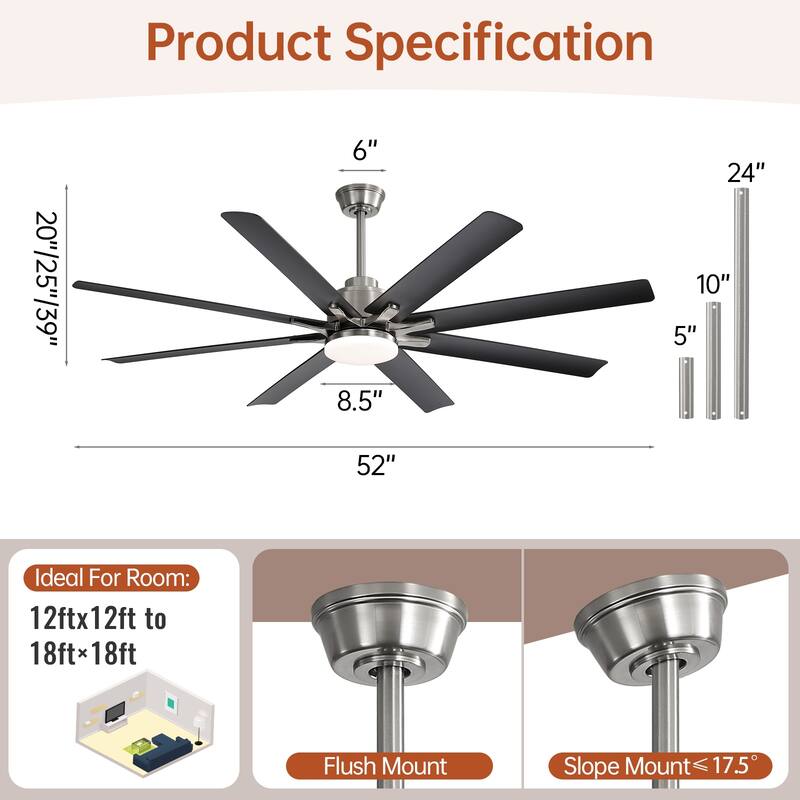 52 Inch/66 Inch/72 Inch Modern Ceiling Fan with Dimmable LED Light ,Remote&APP Control,8 Blades for Large Living Room,Porch