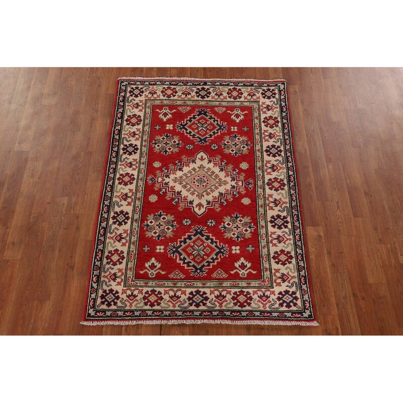 Red Kazak Accent Rug Handmade Oriental Wool Carpet - 3'4"x 4'11"