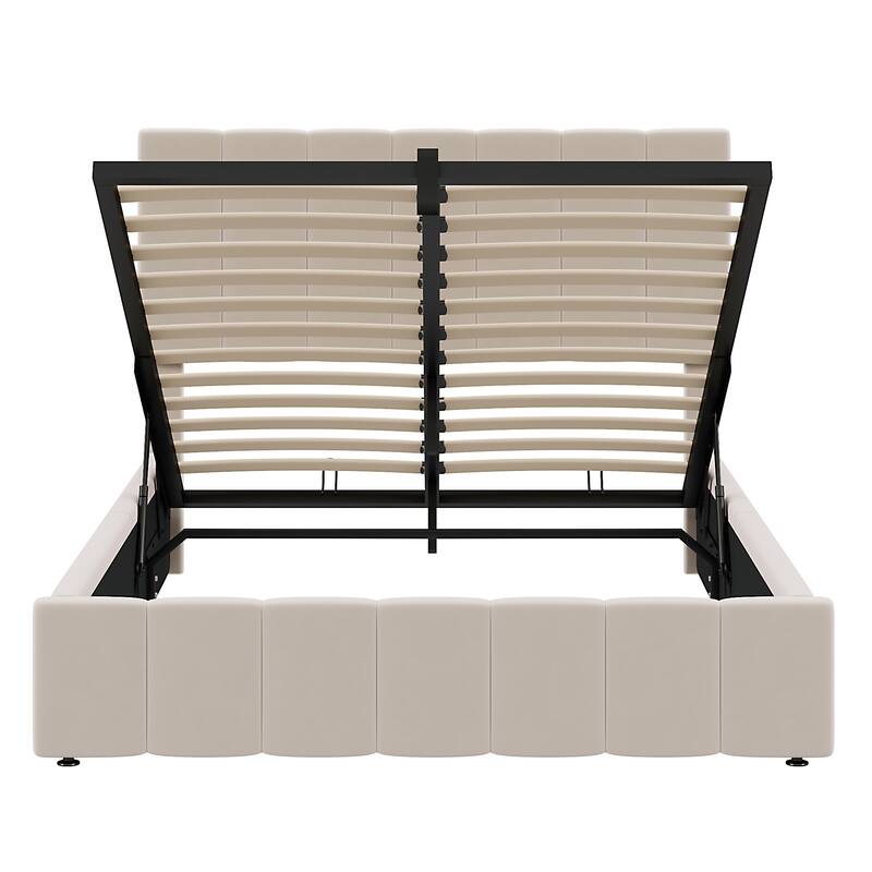 Hydraulic Lift Up Storage Bed, Linen Upholstered Platform Bed Frame with Vertical Panel Headboard, Wooden Slat Support