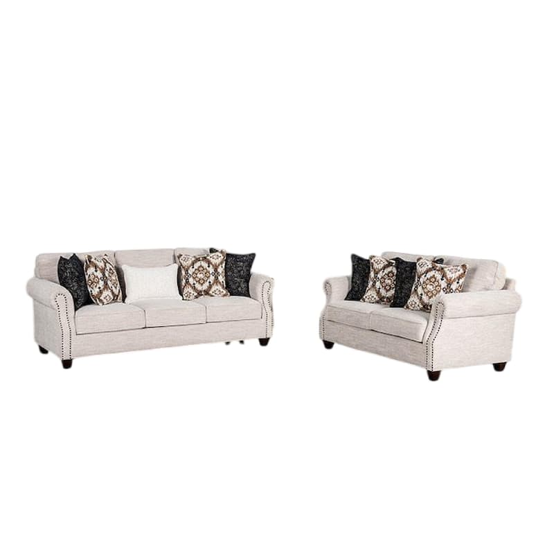 Serra 2pc Sofa and Loveseat Set, 9 Accent Pillows, Greige Polyester