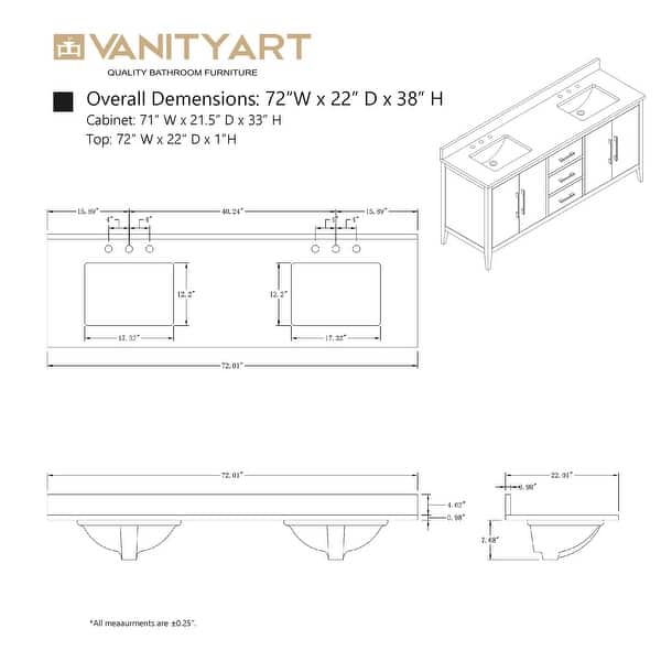 Vanity Art 60 in. W x 22 in. D x 34 in. H Double Sink Bathroom Vanity Cabinet in Cashmere Gray with Engineered Marble Top in White