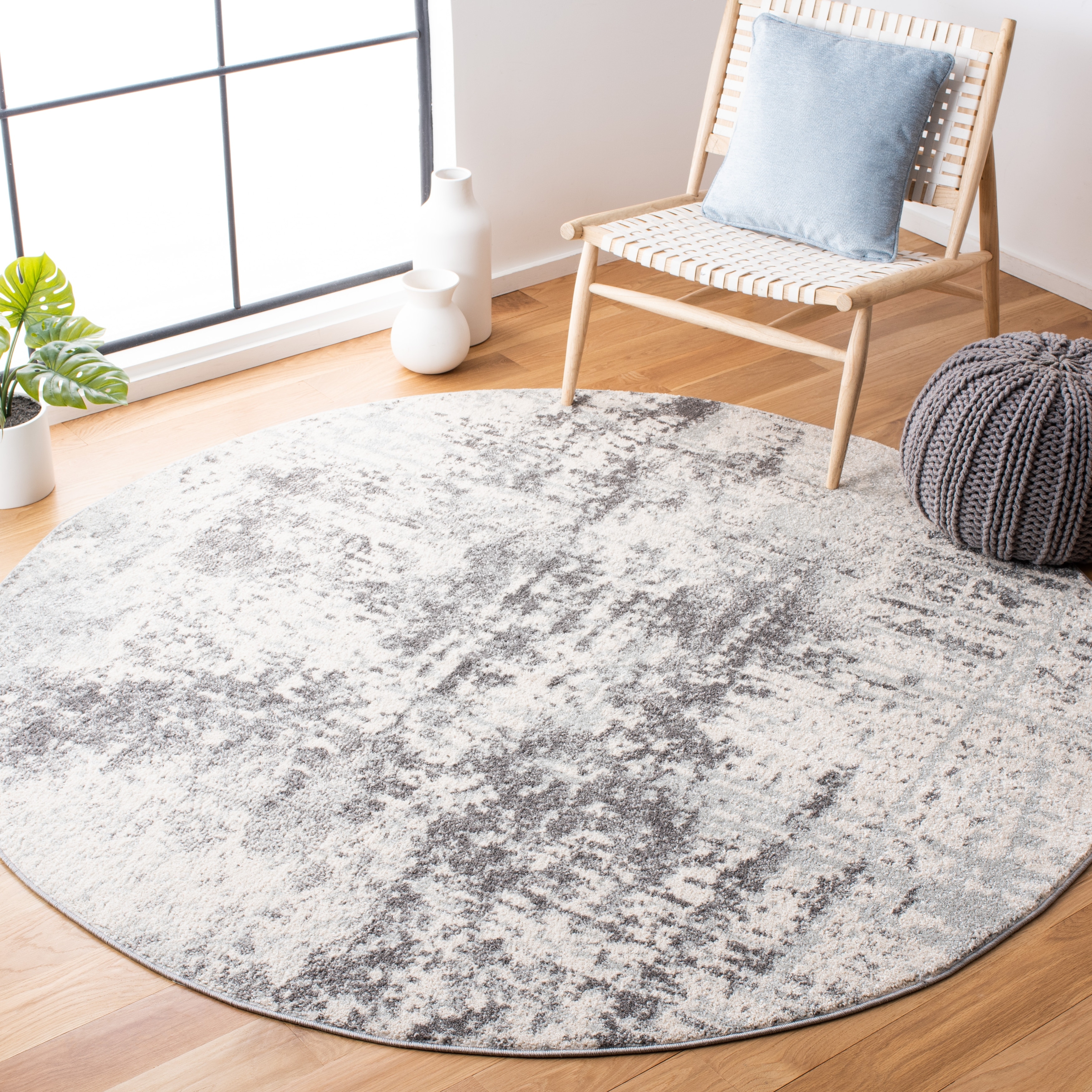 SAFAVIEH Tulum Collection TUL232C Modern Abstract Non-Shedding Living Room Bedroom Dining Home Office Area Rug 6'7 x 6'7 Square Ivory Dark Blue 