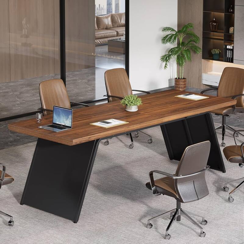 6.57 FT Conference Room Table, Rectangle Executive Meeting Seminar Table with Walnut Wood Top & Black Metal Base - Walnut Brown & Black