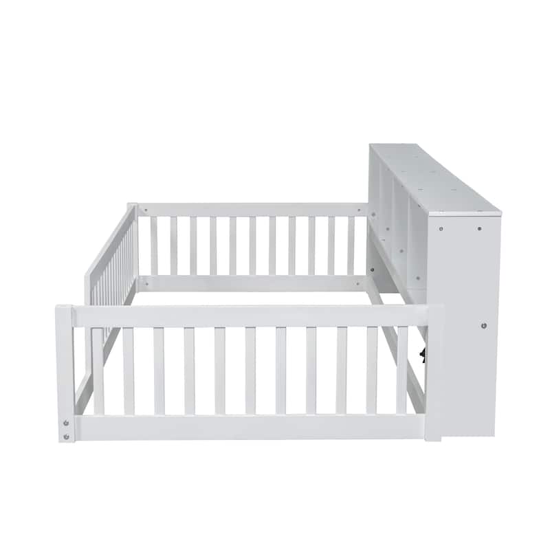Roomfitters Wood Twin XL Floor Bed with Storage Cabinets and USB Ports