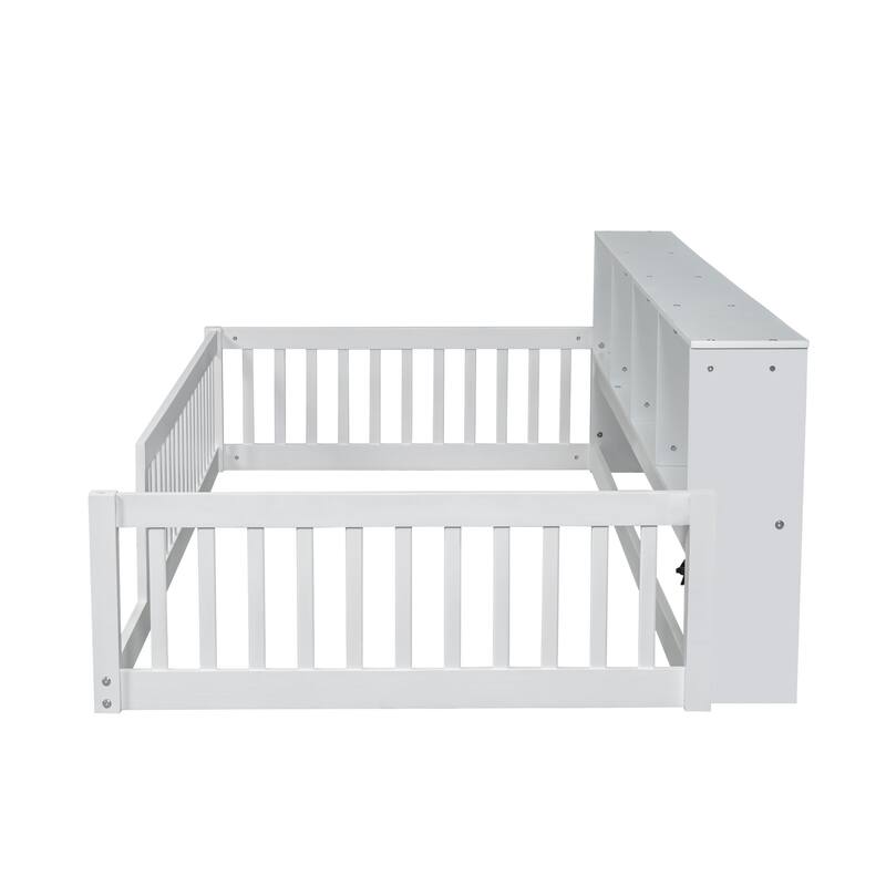Twin XL Solid Wood Bed With 3 Storage Cabinets, Charging Station Semi Enclosed Safety Fence, 2 Outlets, 2 USB Ports