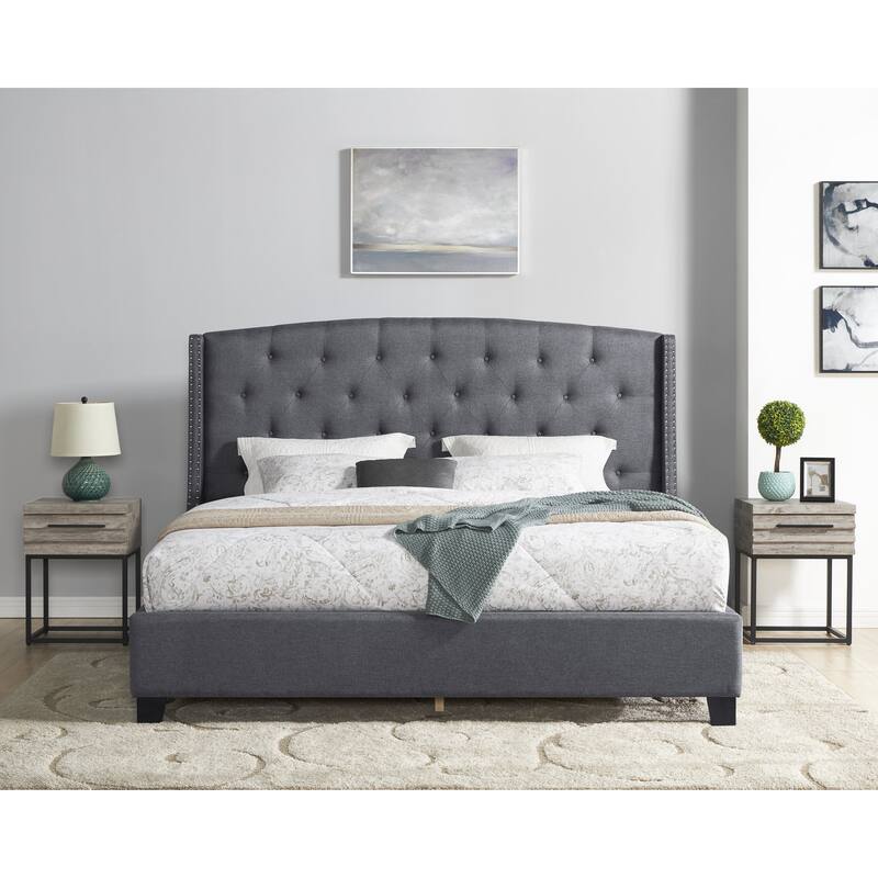 3-Piece Upholstered Bedroom Set, Tufted Wingback Bed with Two Nightstands