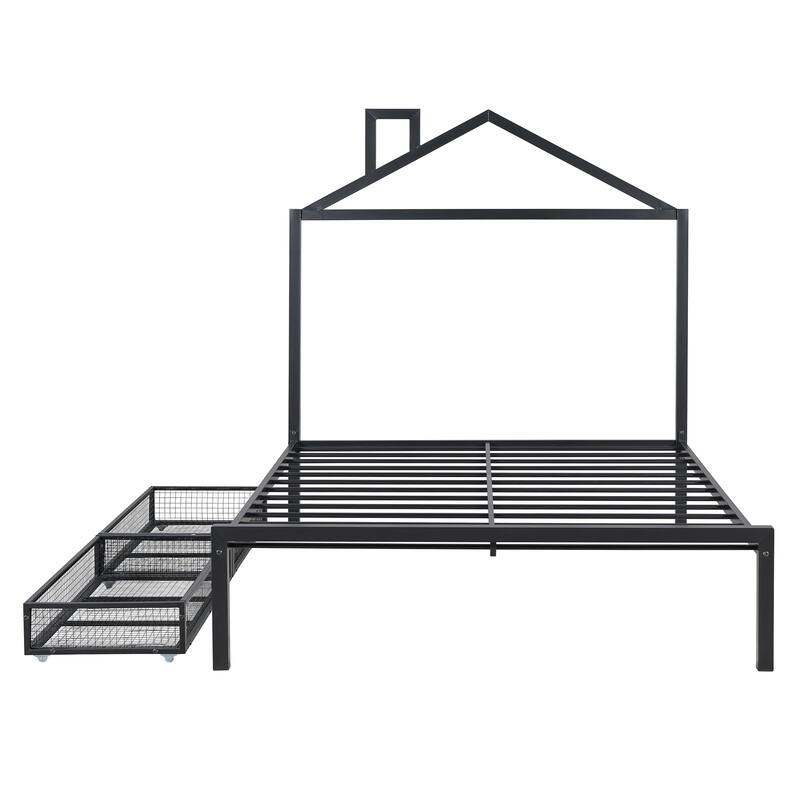 Twin Size Metal Platform Bed with House Design and 2 Storage Drawers