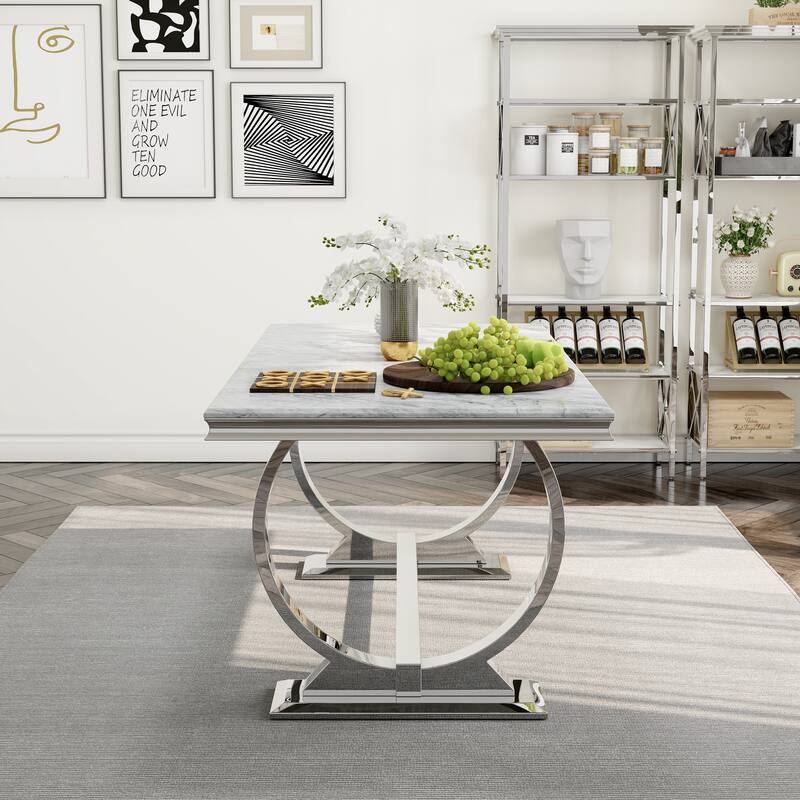 White and Gold Dining Room Table Set with 72 inch Table and White PU Leather Dining Chairs