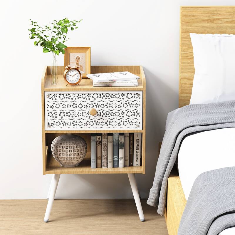 Nightstand with Metal Legs with Drawer Beside Table