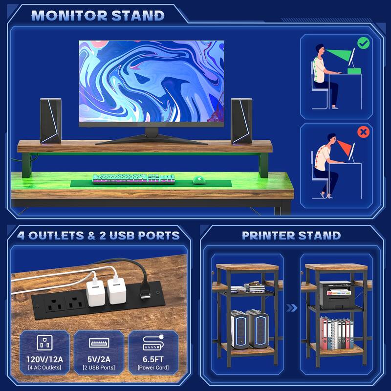 2 Person Computer Desk with LED Light and Power Outlet, Double Gaming Desk with Shelves