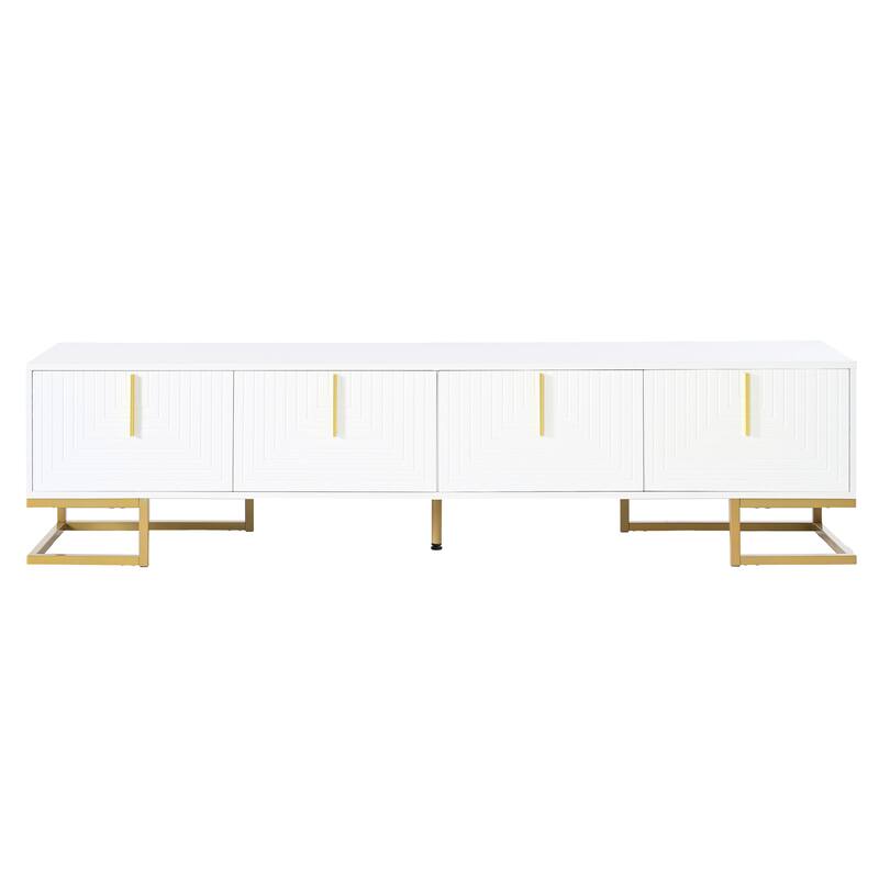Sleek TV Console with Gold Handles, Metal Legs, Geometric Design, Adjustable Shelves for 80" TVs