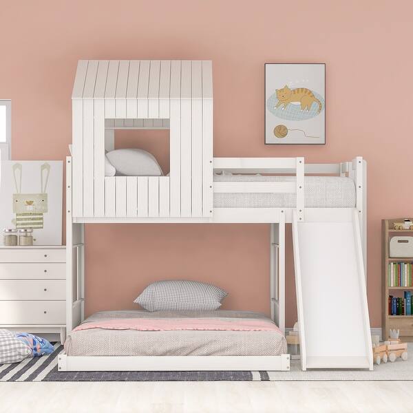 slide 2 of 9, Twin over Full Wooden Loft Bed with Ladder, Slide & Guardrails White