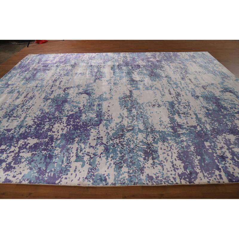 Contemporary Abstract Indian Rug Hand-Knotted Dining Room Wool Carpet - 9'8"x 12'9"