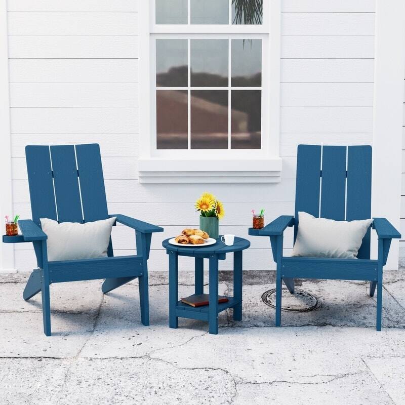 WINSOON 3-Piece All Weather HIPS Outdoor Cup Holder Adirondack Chairs and Table Set - Navy Blue