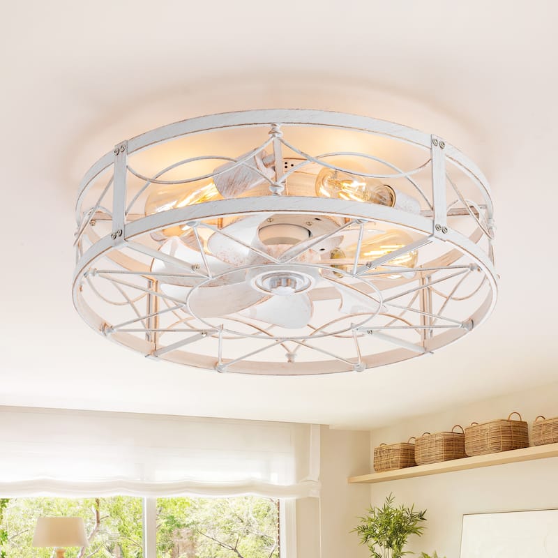 20" 7-Blade Distressed White Flush Mount Caged Ceiling Fan with Light Remote - Remote