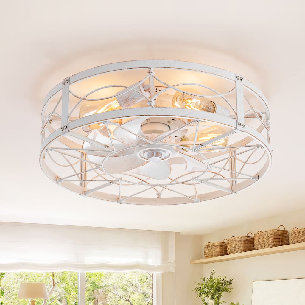 20" 7-Blade Distressed White Flush Mount Caged Ceiling Fan with Light Remote