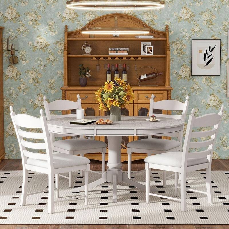 Wooden Round Drop Leaf Extendable Dining Table Set with 4 Upholstered Chairs