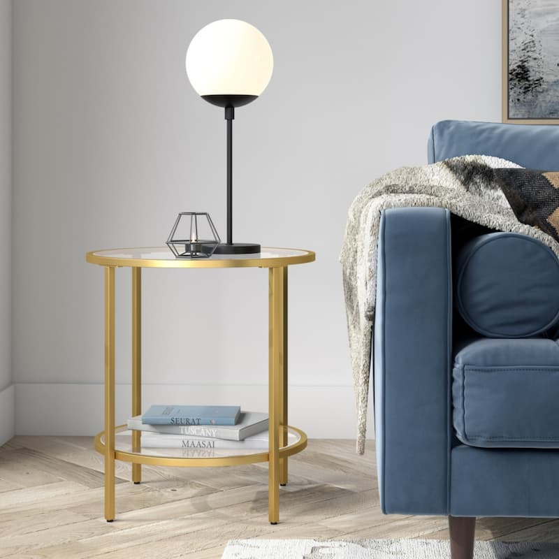 Clear Glass Round End Table with Steel Base and Storage Shelf - 20” x 20” x 22” (D x W x H)