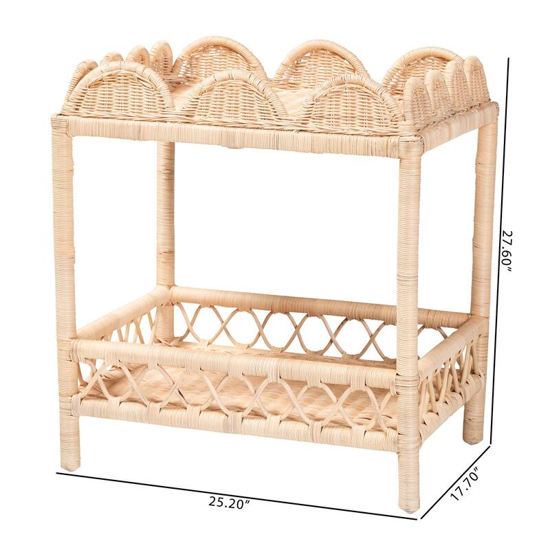 Eloisa Natural Rattan End Table - Handwoven Wicker 2-Tier Side Table with Scalloped Border for Living Room or Bedroom