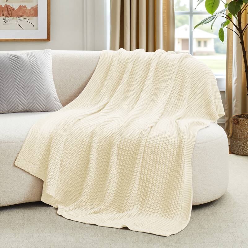 Lightweight Soft 50"x60" Chunky Knit Throw Blanket Couch Cover - Cream