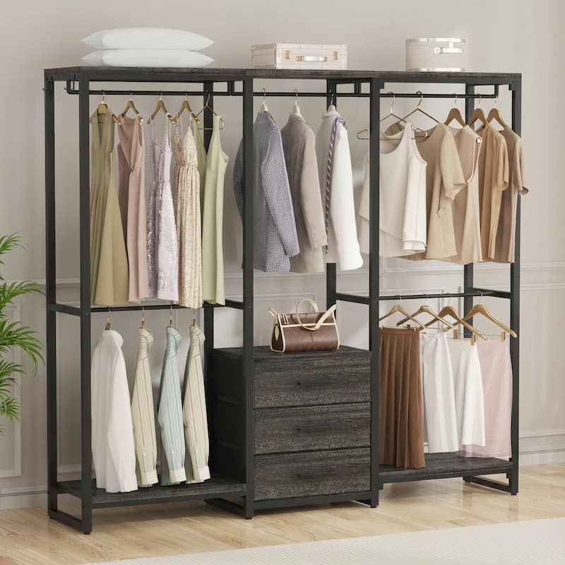 65.6'' Heavy-duty Garment Rack, Freestanding Closet Organizer with Fabric Drawers and 5 hanging Rods - Grey Oak