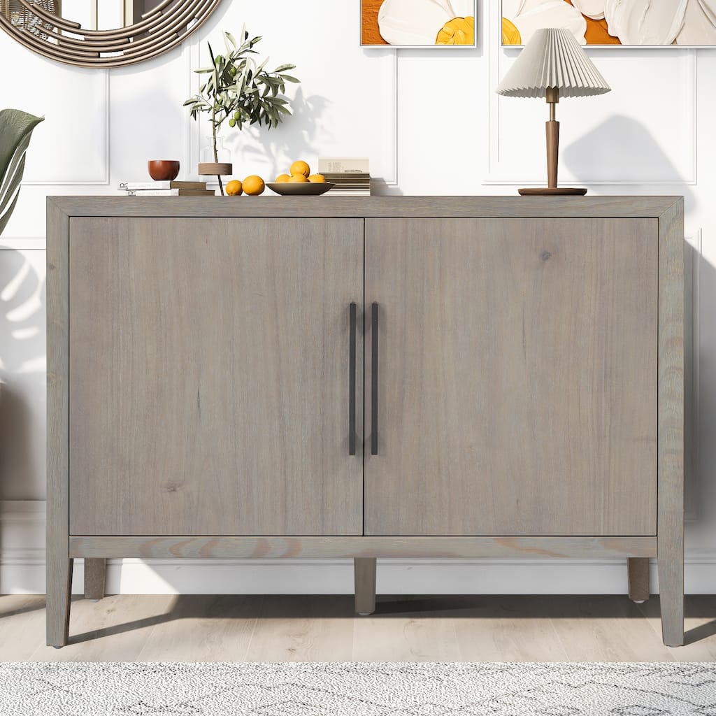 47.25"Sideboard with Pine Veneer and 2 Doors, Retro Buffet with Adjustable Feet, Wooden Storage Cabinet with Metal Handles