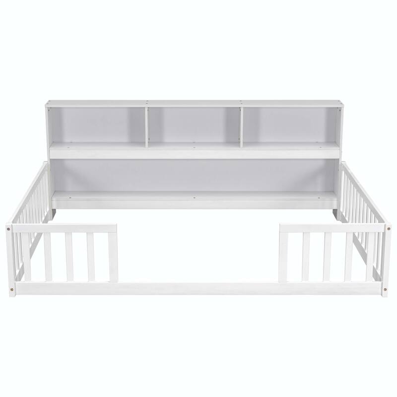 Full Floor Bed with Side Bookcase and Guardrails