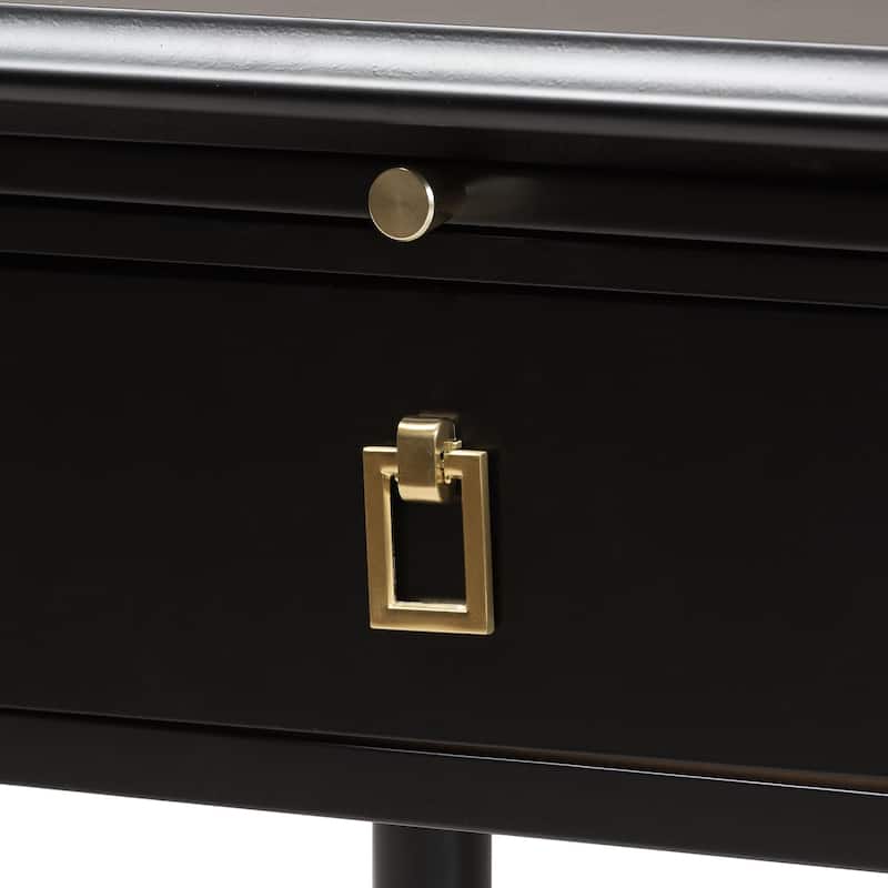 Tamra Black Wood Nightstand with Pullout Shelf - Modern Transitional Bedside Table with Metallic Accents
