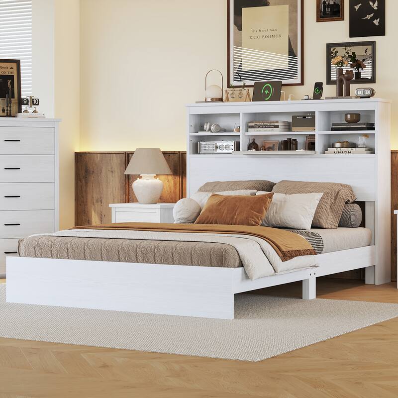 Wood Platform Bed Frame, 2 USB Ports & 2 Sockets on Storage Headboard Bookcase Bed, Panel Bed Bedroom