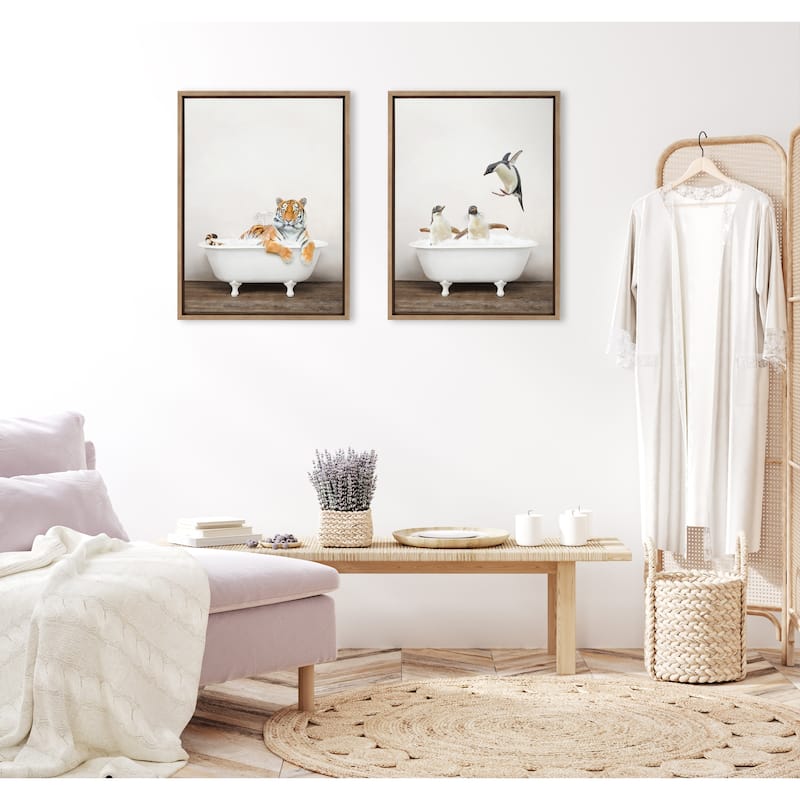 Kate and Laurel Sylvie Penguins Bath Framed Canvas by Amy Peterson
