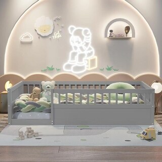 Twin Size Wood Kids Floor Beds Frame with Fence and High Guardrails