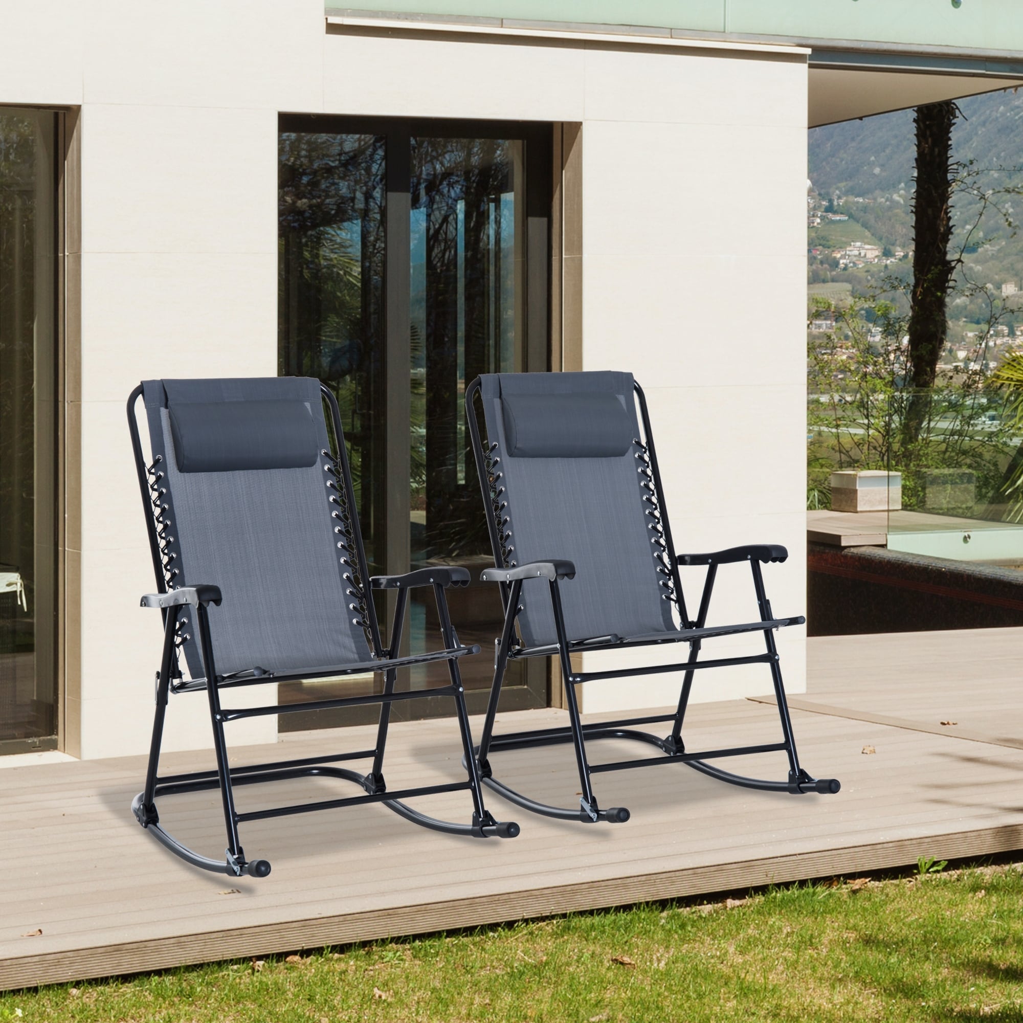 Oversized Folding Rocking Camping Chair Set of 2 Outdoor Rockers with Headrests Zero Gravity Bungee Lawn Chairs for 2 Adults