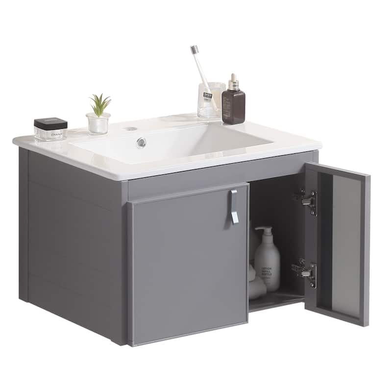 24 in. W x 19 in. D x 16 in. H Wall Mounted Bathroom Vanity with White Ceramic Sink,Soft Close Cabinet Doors - Metal Finish - Single Vanities - Grey