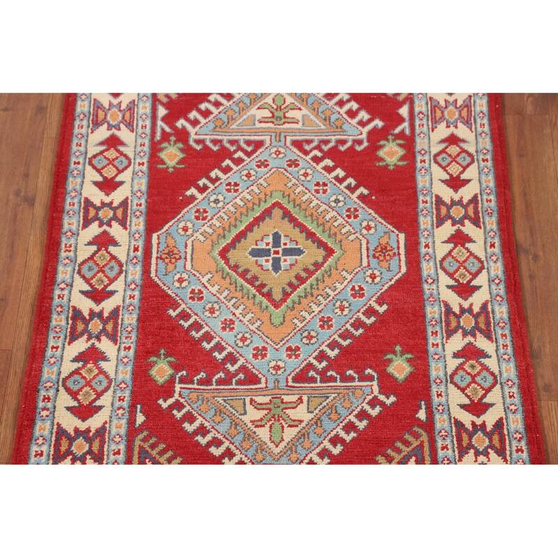 Red Geometric Kazak Oriental Accent Rug Handmade Wool Carpet - 2'8" x 3'11"