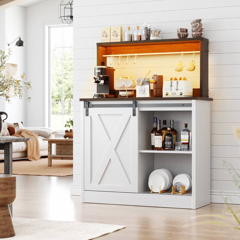 Farmhouse Wine Bar Cabinet with Barn Door & Charging Station,Sturdy Buffet Coffee Bar Cabinet with LED Lights & Hutch