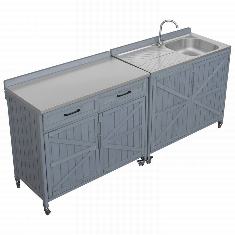 2-Piece Outdoor Kitchen Island Set with Stainless Steel Top and Sink, Drawer and Cabinets for Outdoor Storage w/ Wheels