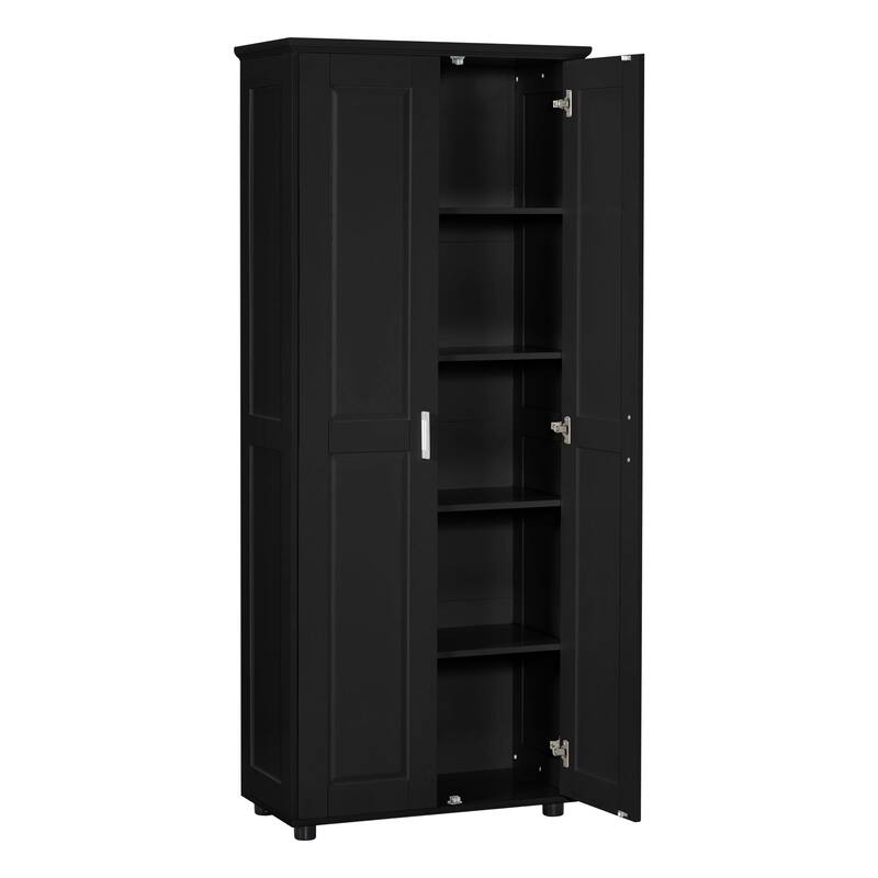 Roomfitters Tall 2-Door Storage Cabinet with 5-Tier Adjustable Shelves, Modern MDF Linen Tower for Bathroom & Office, Black