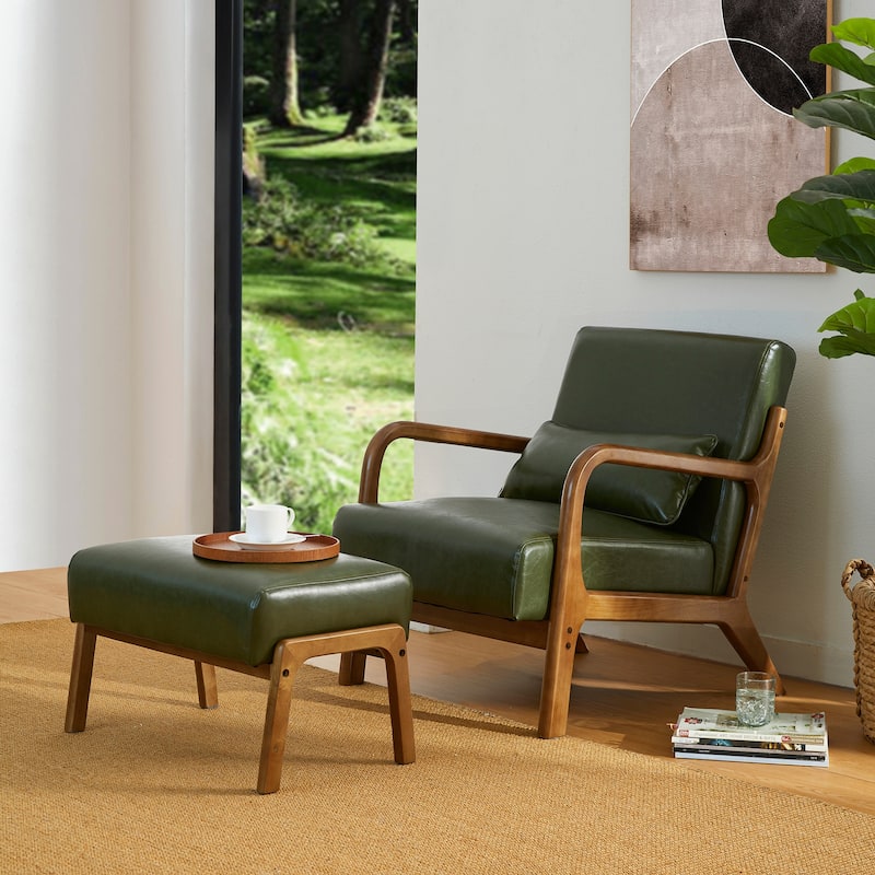Glitzhome 30.75"H Mid-Century Modern PU Leather Armchair Accent Chair with Pillow - 25.75"W x 33.75"D x 30.75"H
