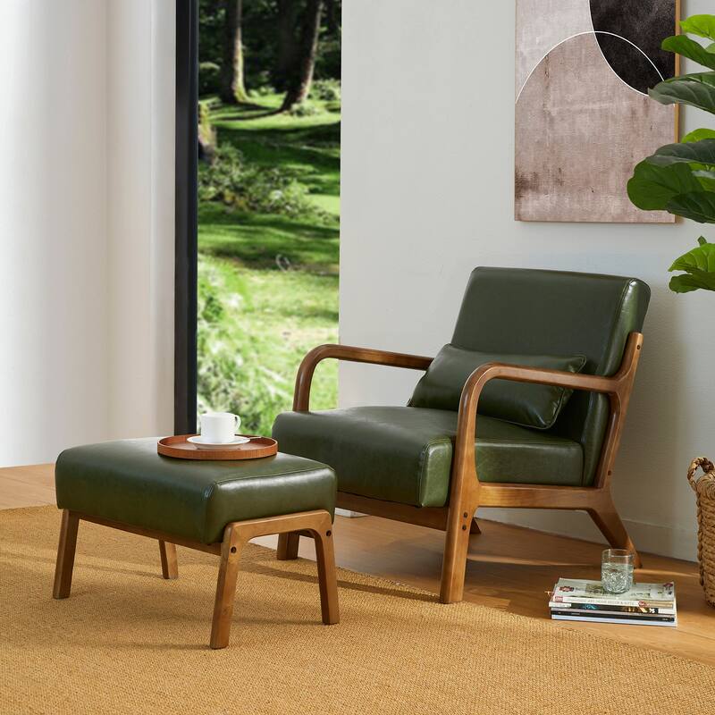 Glitzhome 30.75"H Mid-Century PU Leather Armchair with Ottoman Set