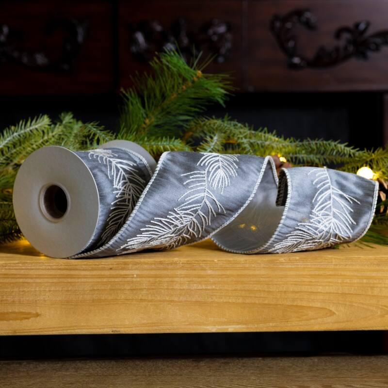 Pine Branch Christmas Wired Craft Ribbon - 4" x 5 Yards - Gray and White